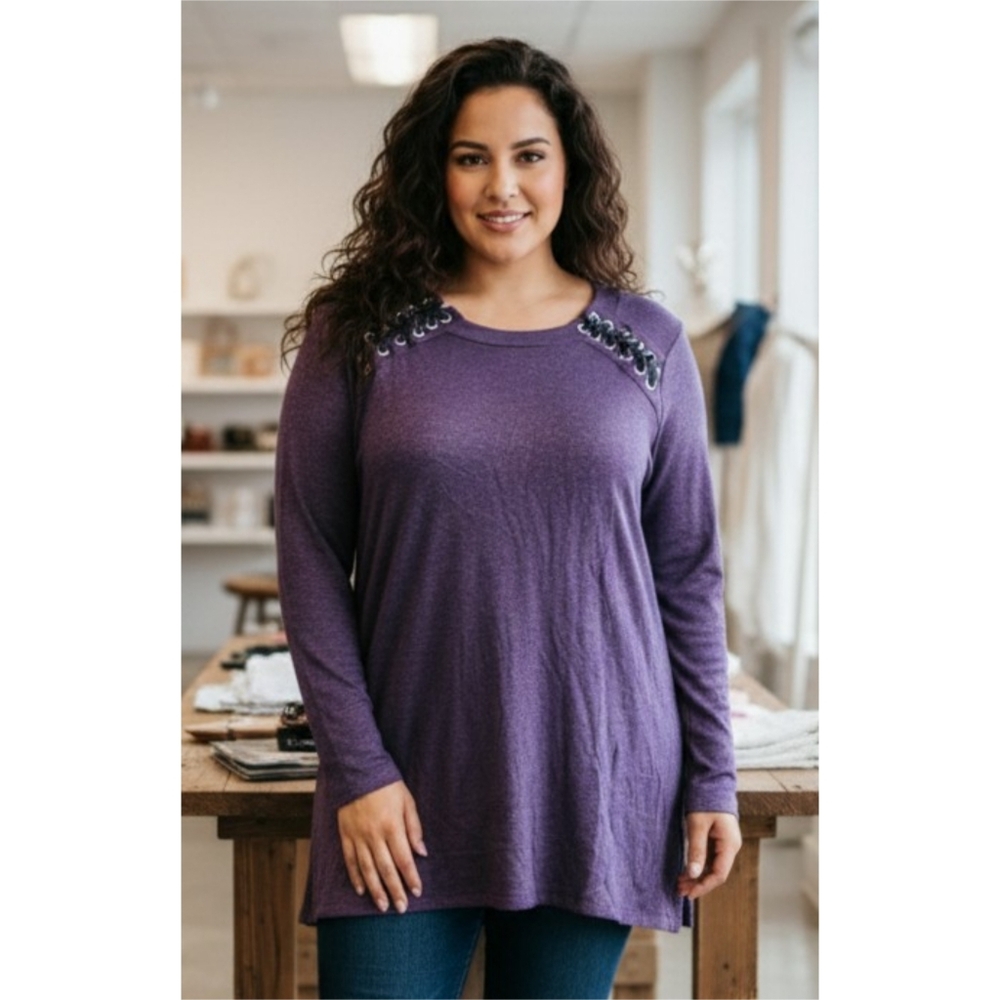 Hannah Lace up Shoulder Tunic  Sweater Purple Size 1X